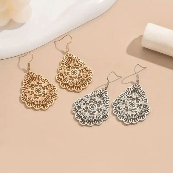 Boho Filigree Gold Dangle Earrings - Picture 2 of 4